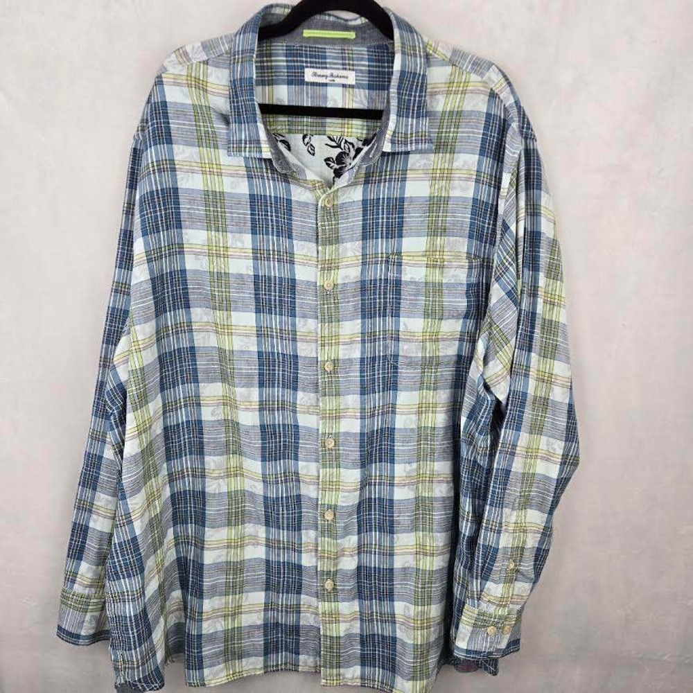 Tommy Bahama‎ Mens 3XL Plaid Floral Button Shirt Reverse Print Palapa Tropical